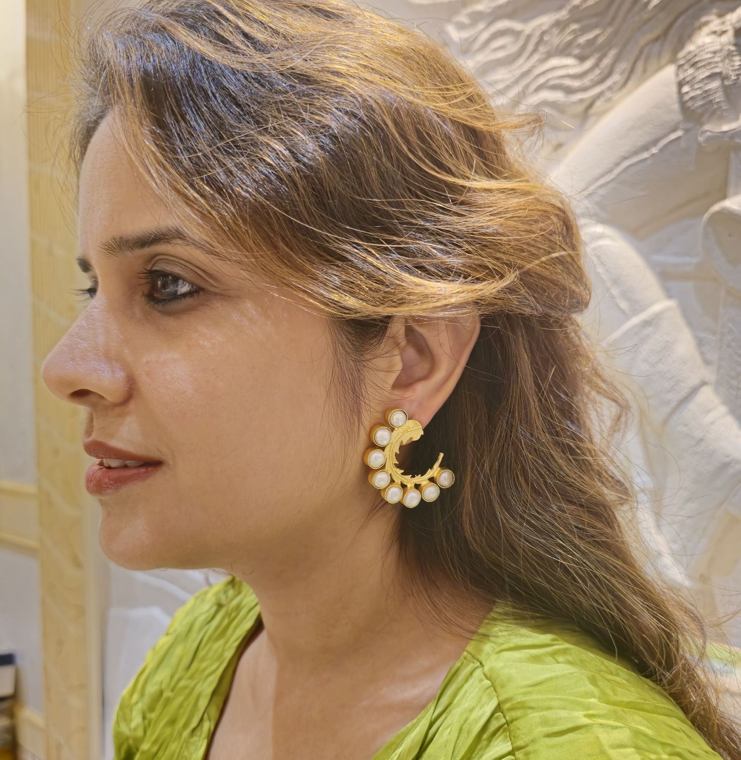 Crescent Pearl Feather Earrings