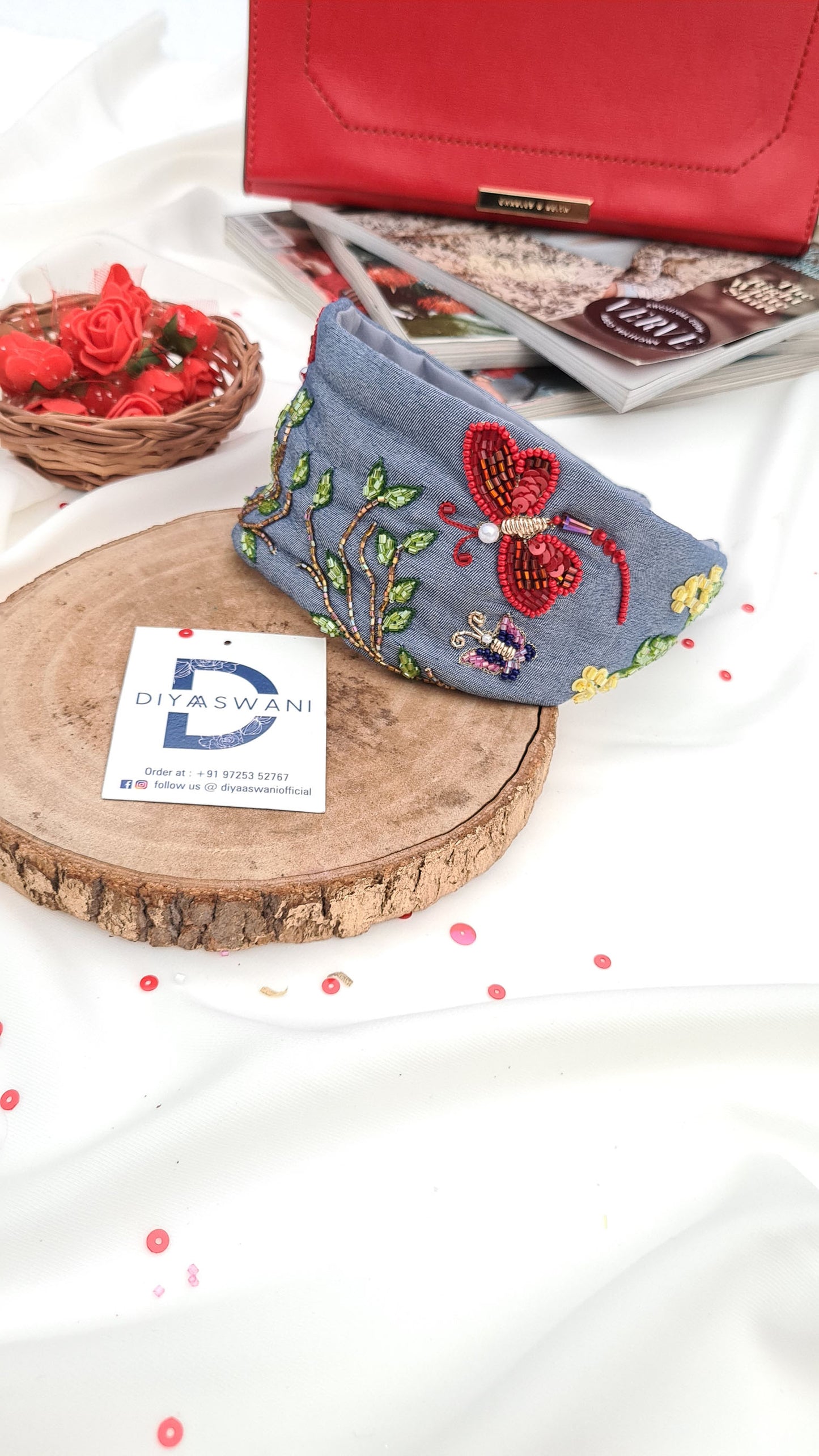 2 In 1 Denim Red Dragonfly Hairband Cum Bandana