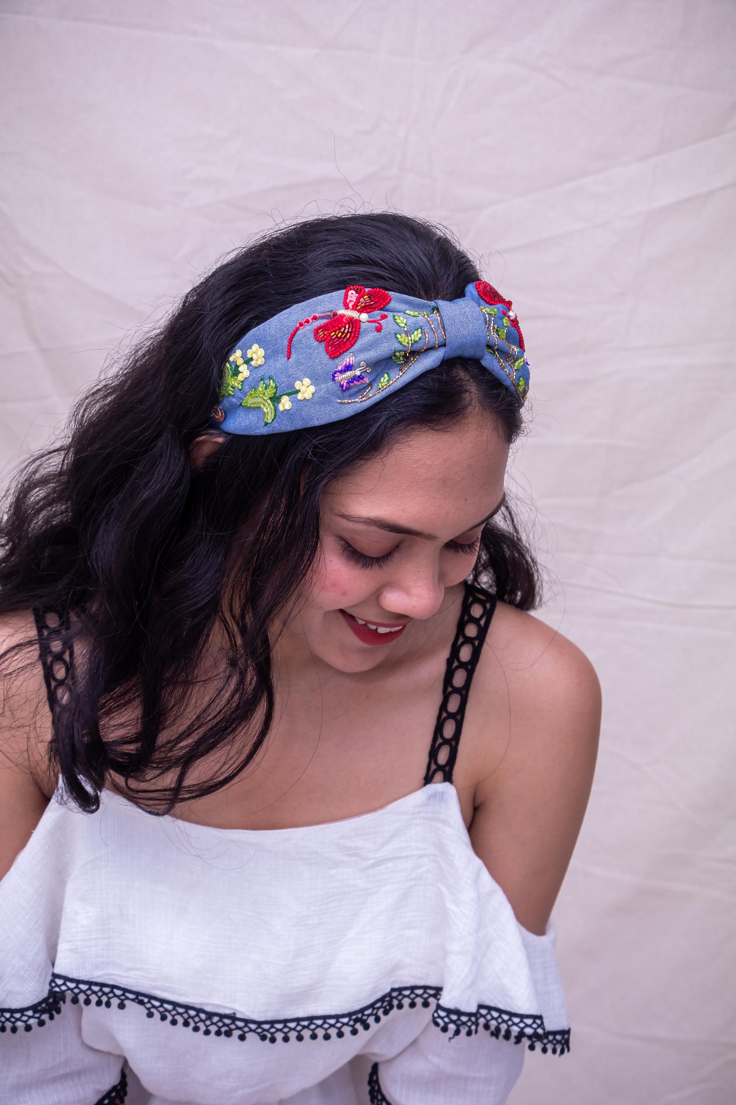 2 In 1 Denim Red Dragonfly Hairband Cum Bandana