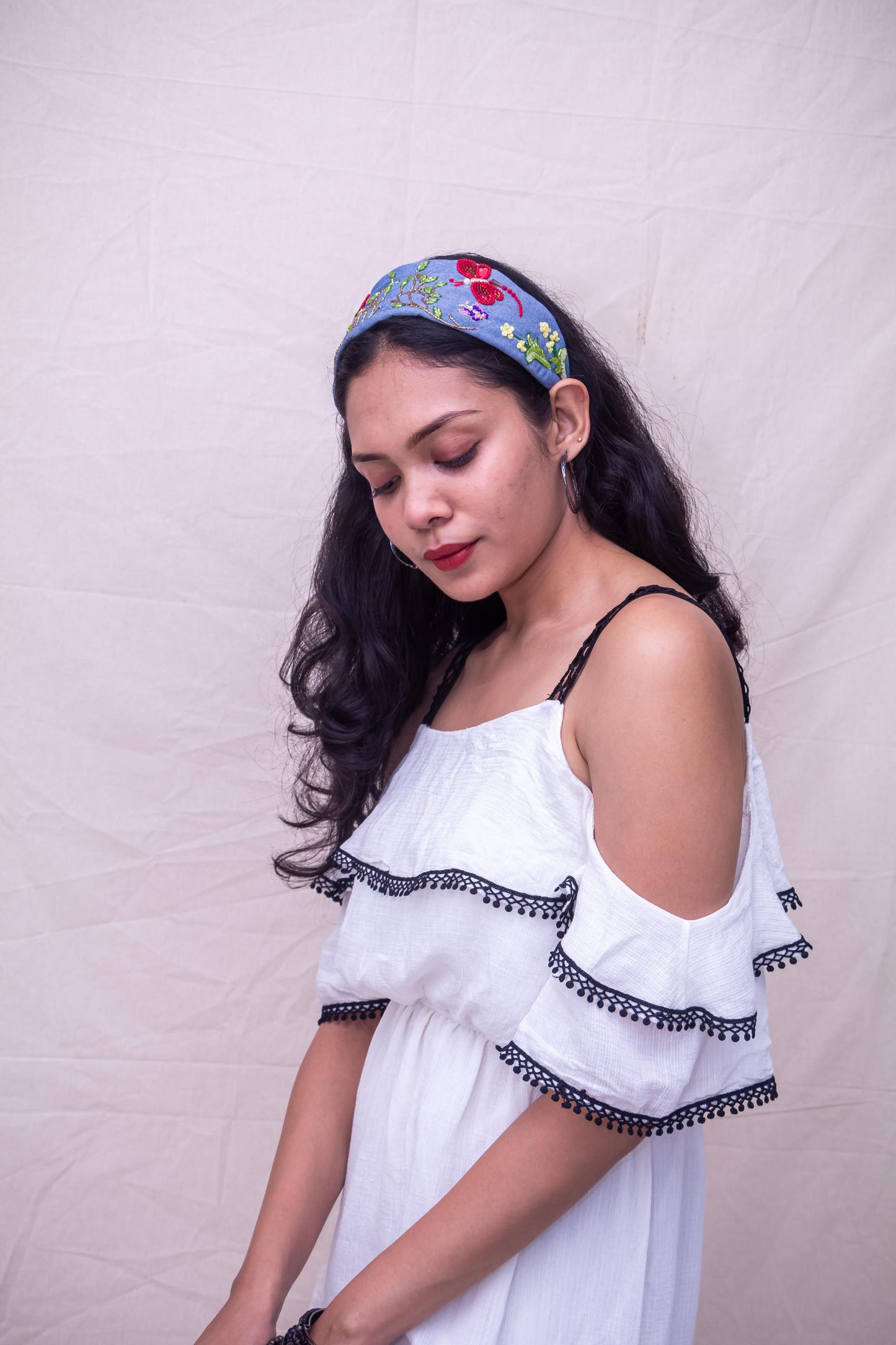 2 In 1 Denim Red Dragonfly Hairband Cum Bandana
