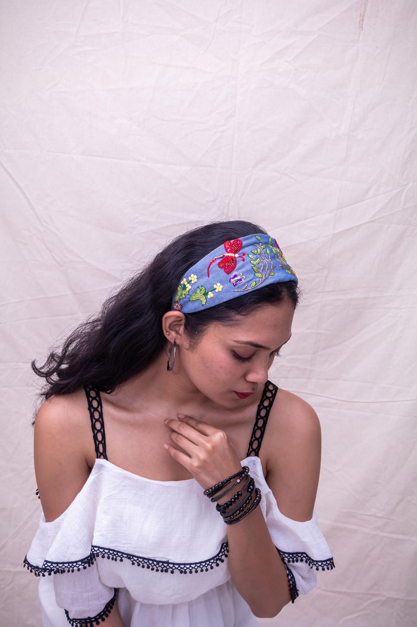 2 In 1 Denim Red Dragonfly Hairband Cum Bandana