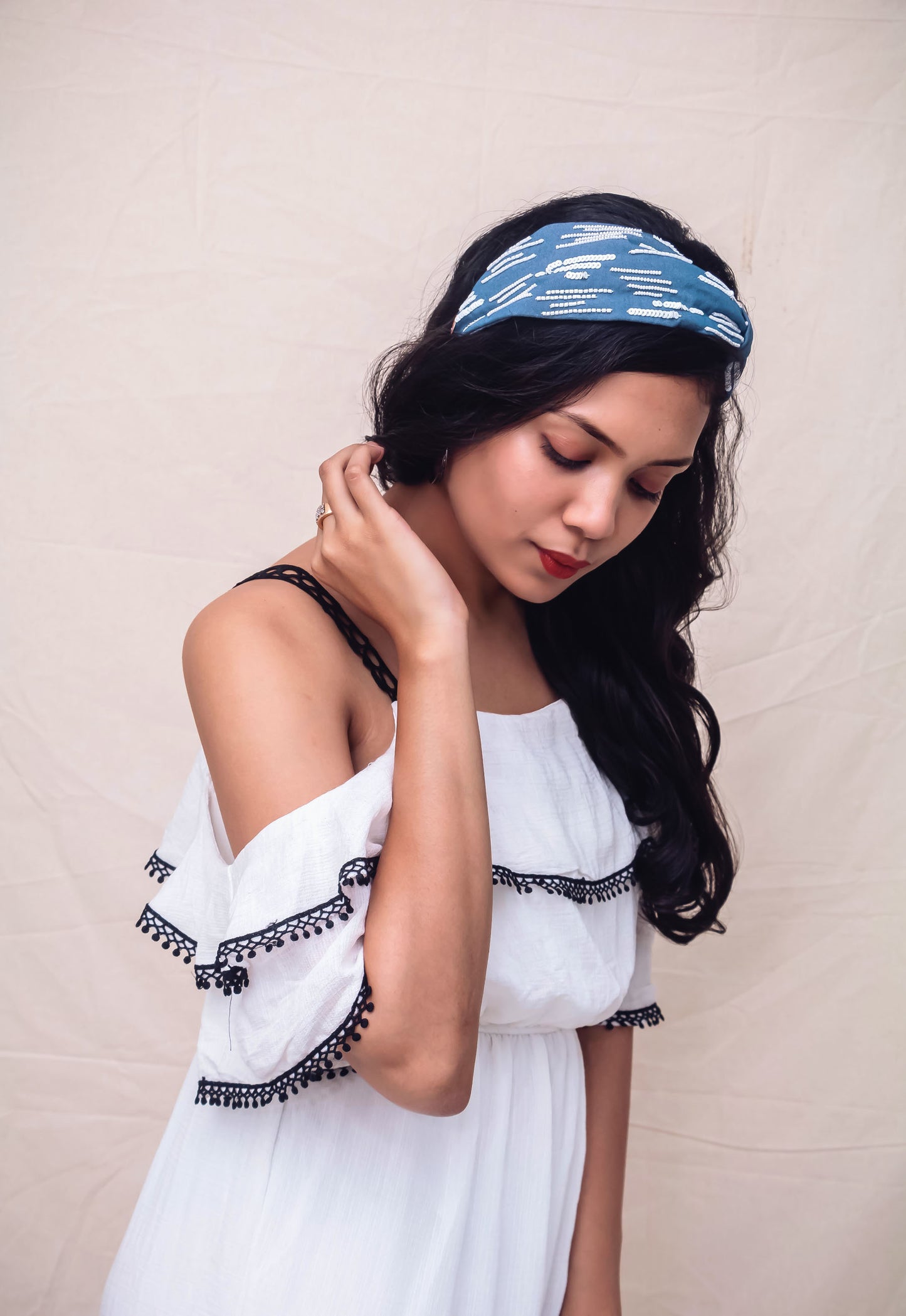 3 In 1 Denim Abstract White Lines Hairband Cum Bandana