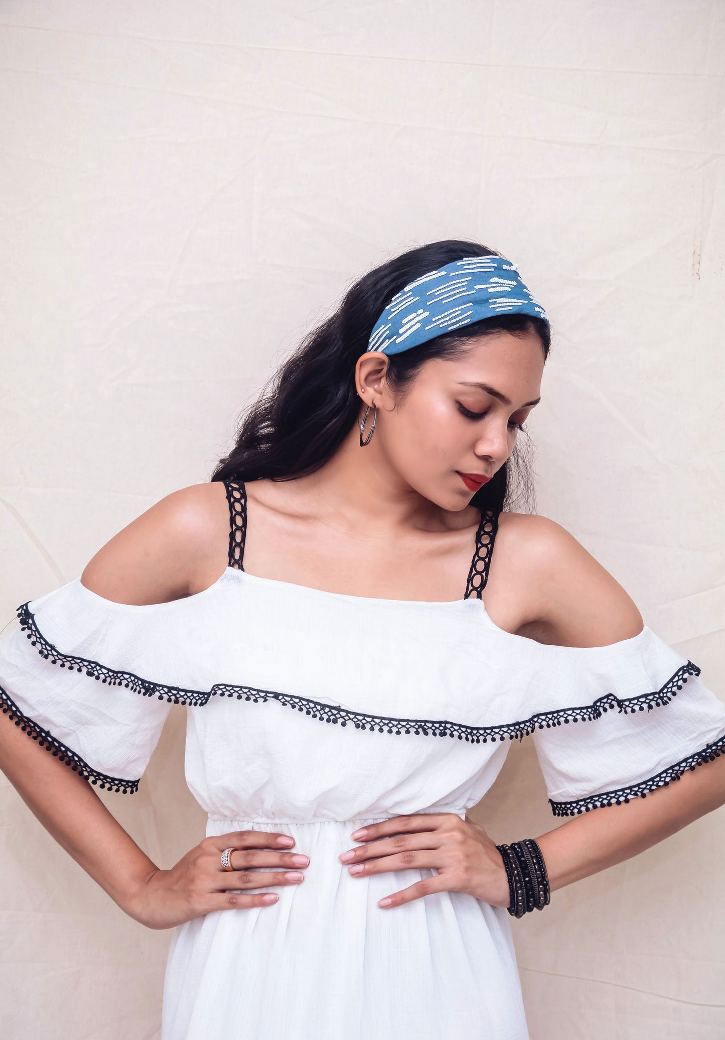 3 In 1 Denim Abstract White Lines Hairband Cum Bandana