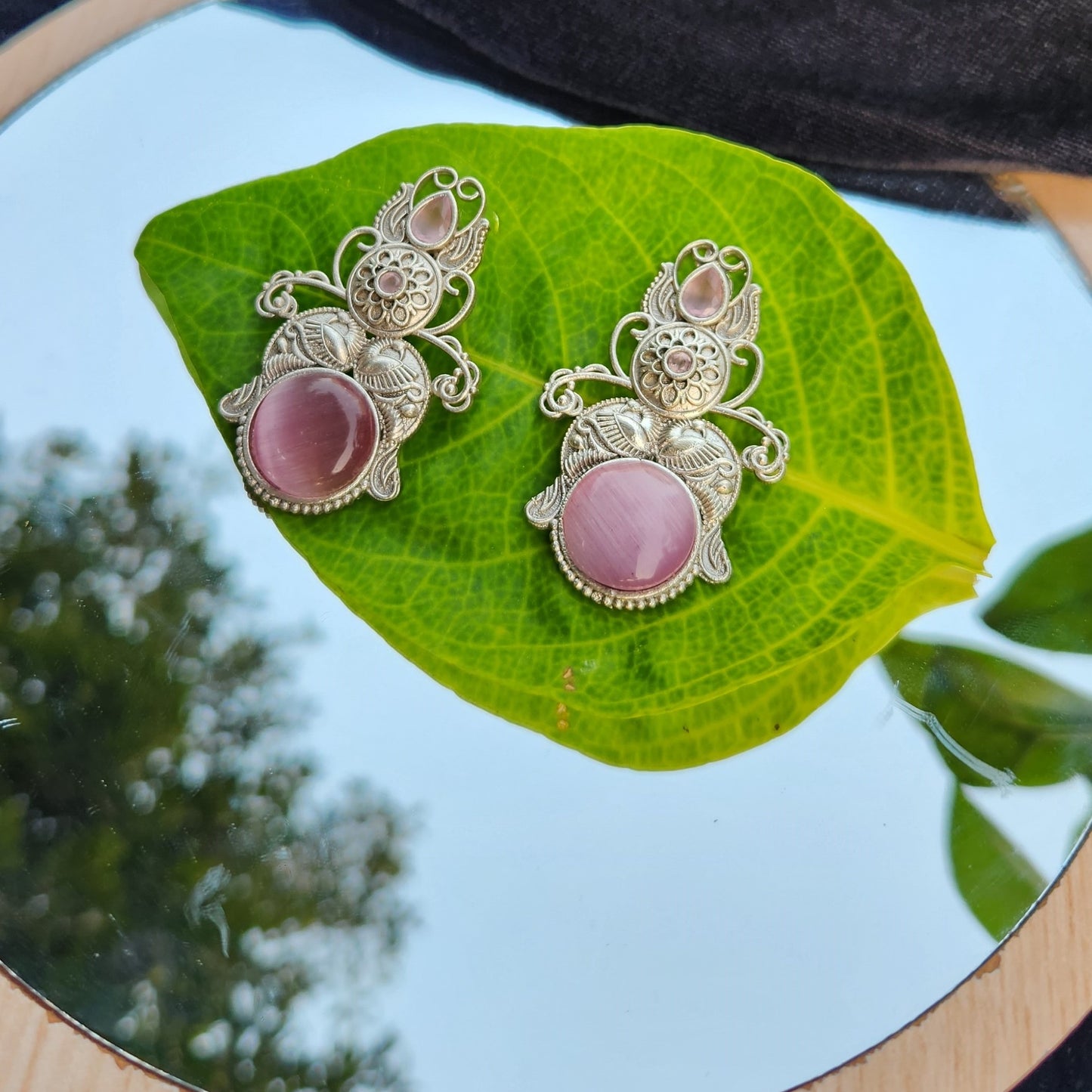 Ethnic Pink Silver Earrings