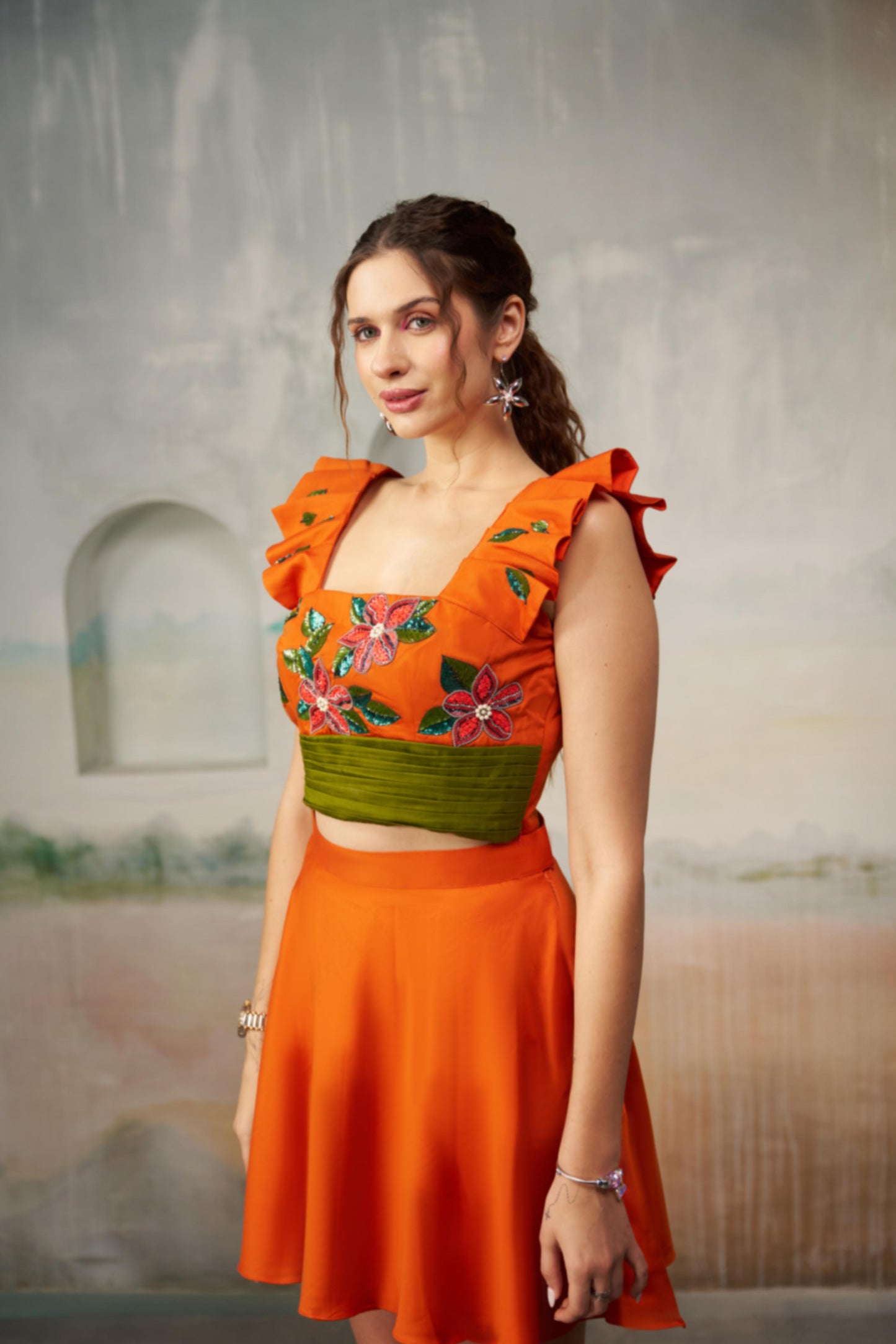 Fiery Orange Embroidered Set