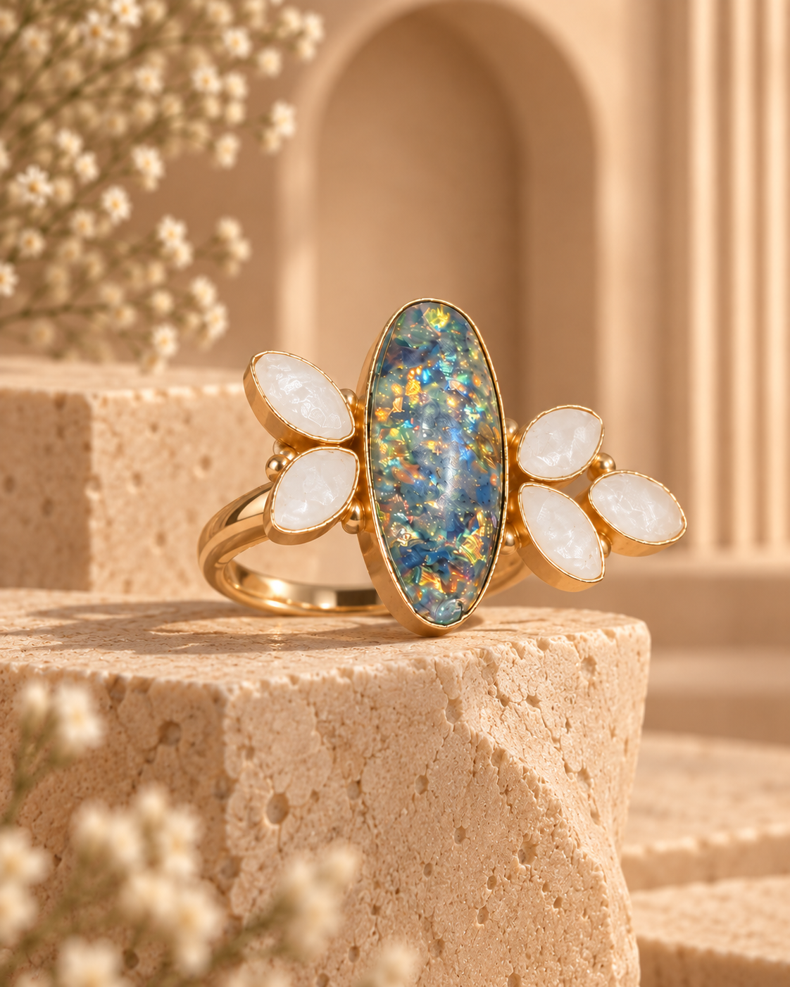Iridescent Opal and Pearl Ring