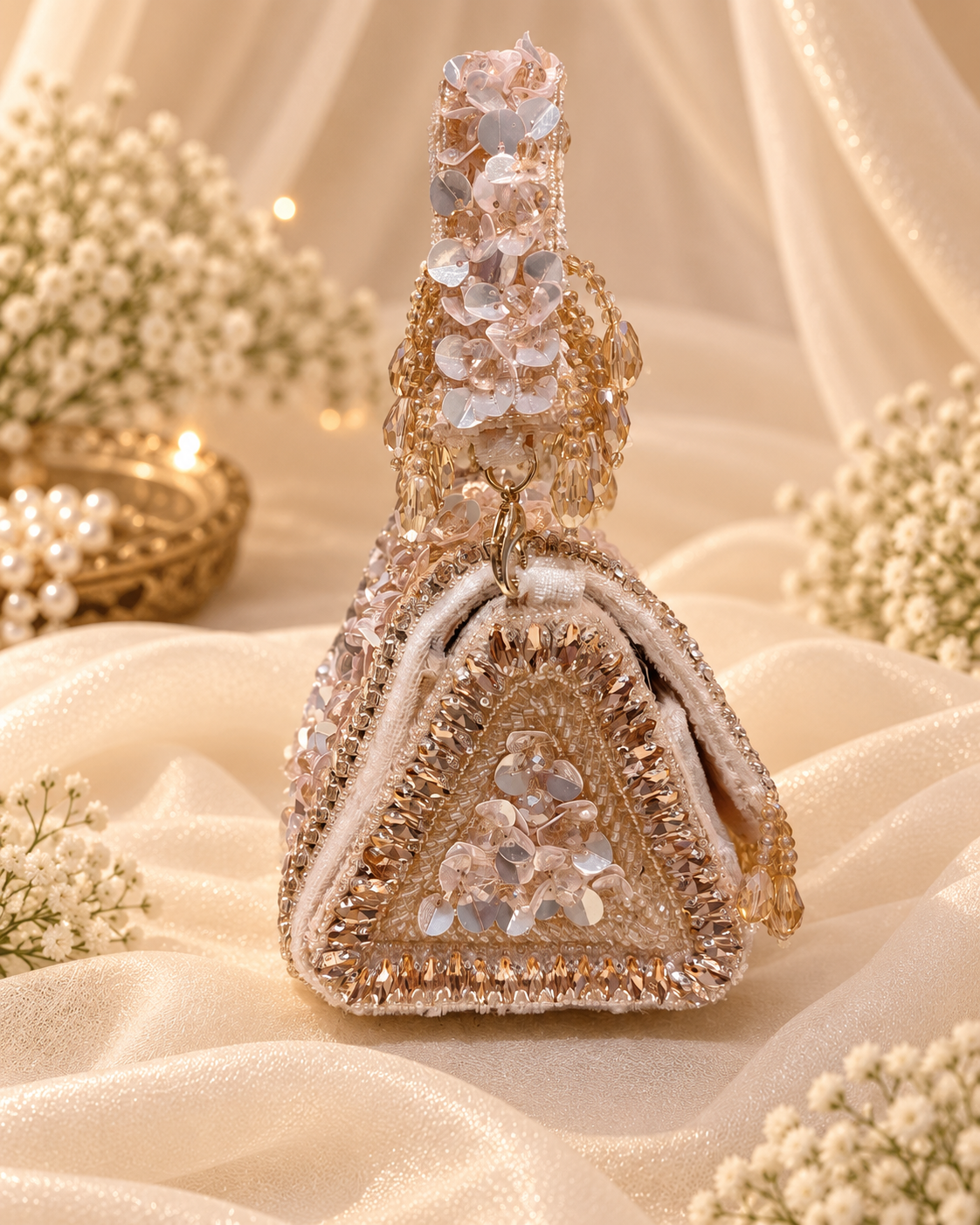 Blush Champagne Floral Beaded Bridal Bag