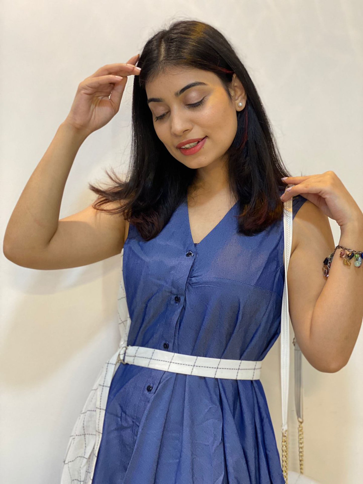 DENIM & DOTTED SQUARE DRESS