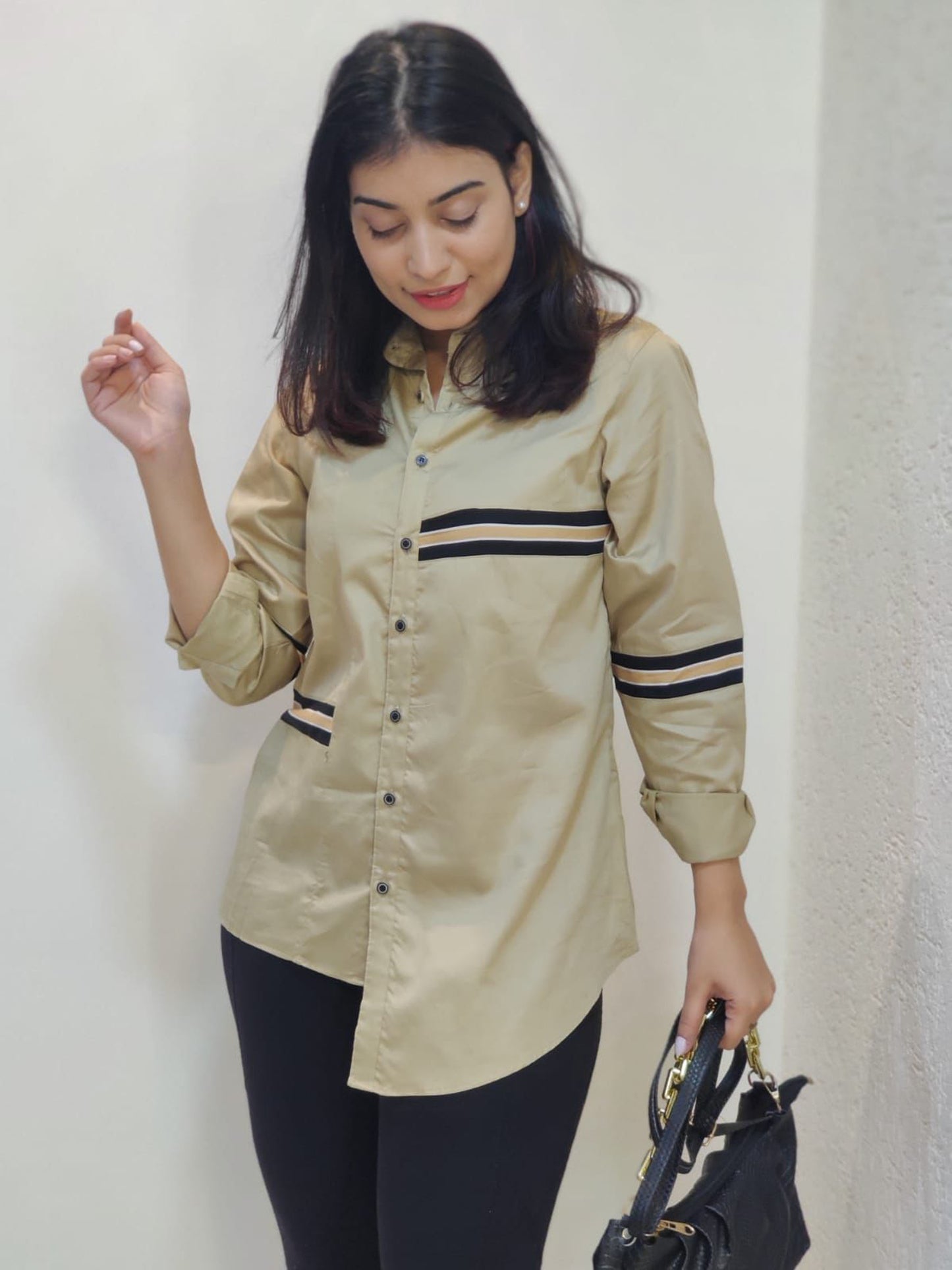 BLACK HORIZONTAL STRIPE & CAMEL SHIRT