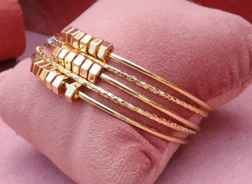 Textured Gold Bangle Set with Cube Charms