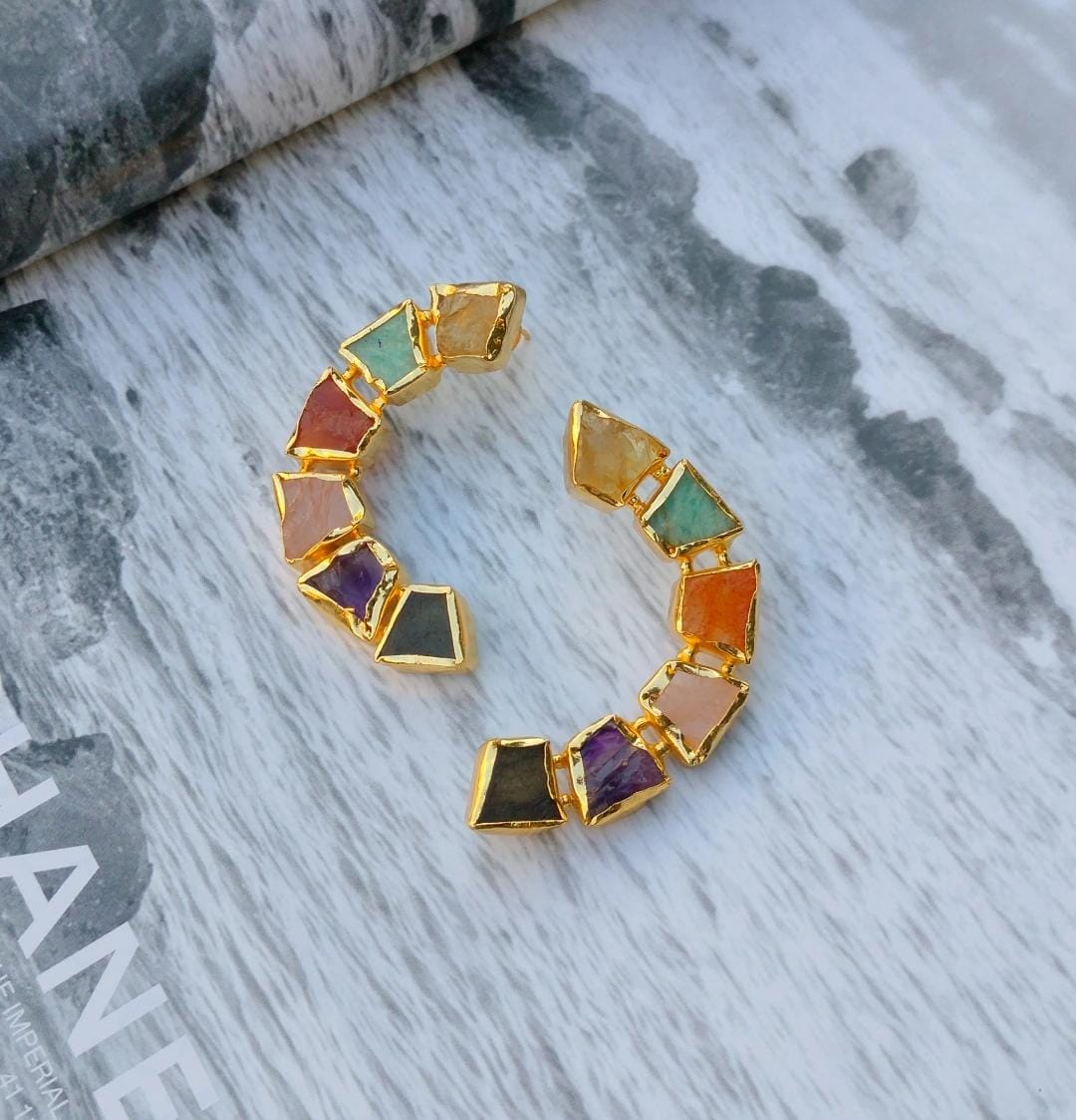Multi-Gemstone Crescent Earring