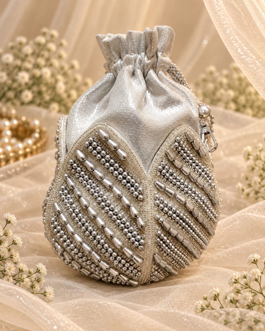 Elegant Silver Pearl Bridal Potli Bag (Big)