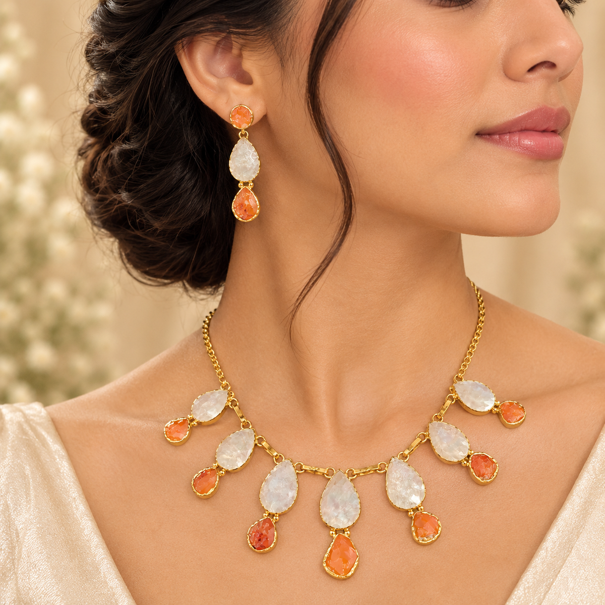Coral Pearl Gold Necklace & Earrings