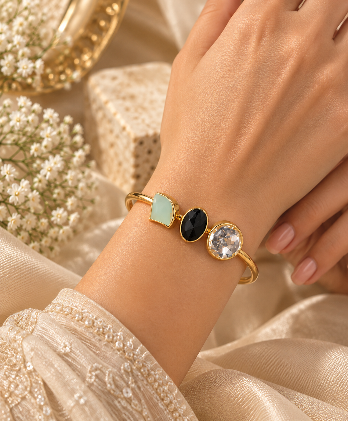 Tricolour Gemstone Gold Cuff