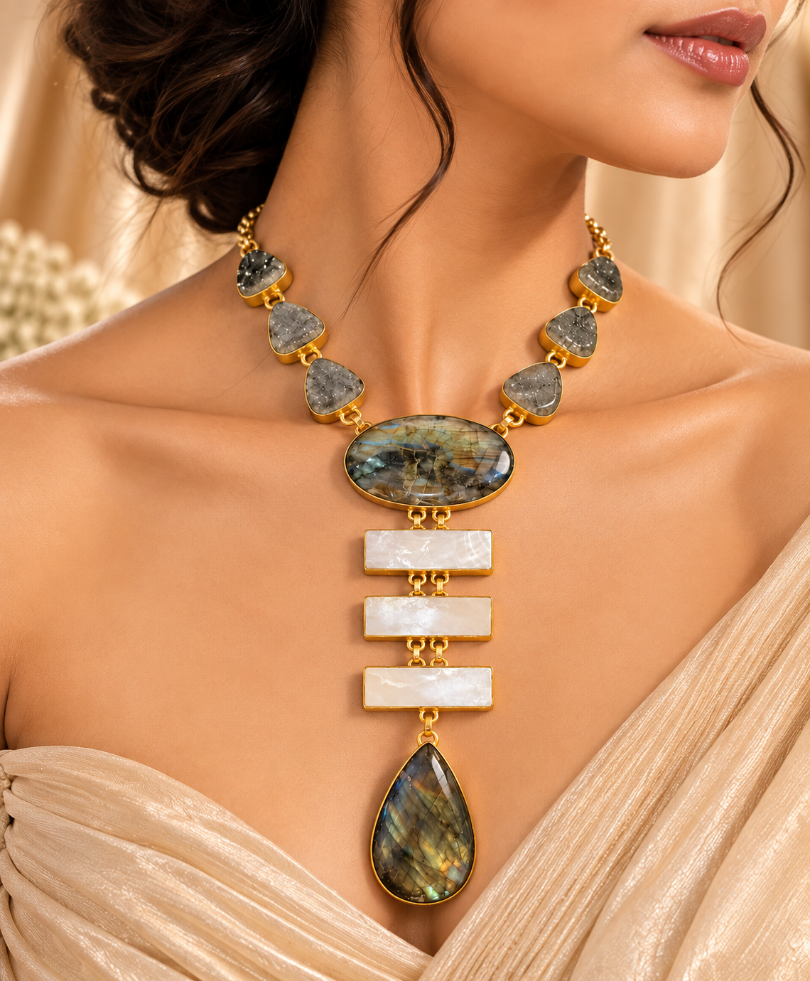 Labradorite Pearl Cascade Choker