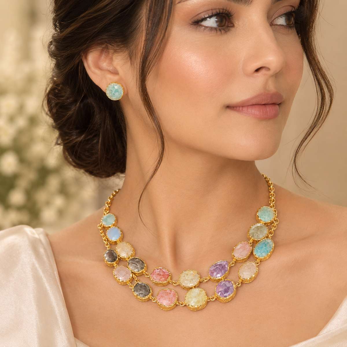 Pastel Gemstone Gold Necklace & Earring Set