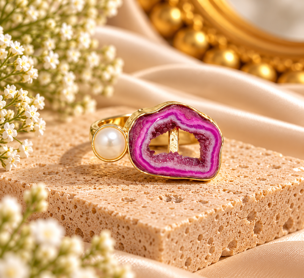 Magenta Geode Pearl Ring