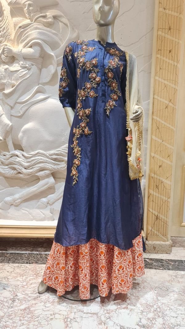 Blue Kurta Set  and Printed Skirt