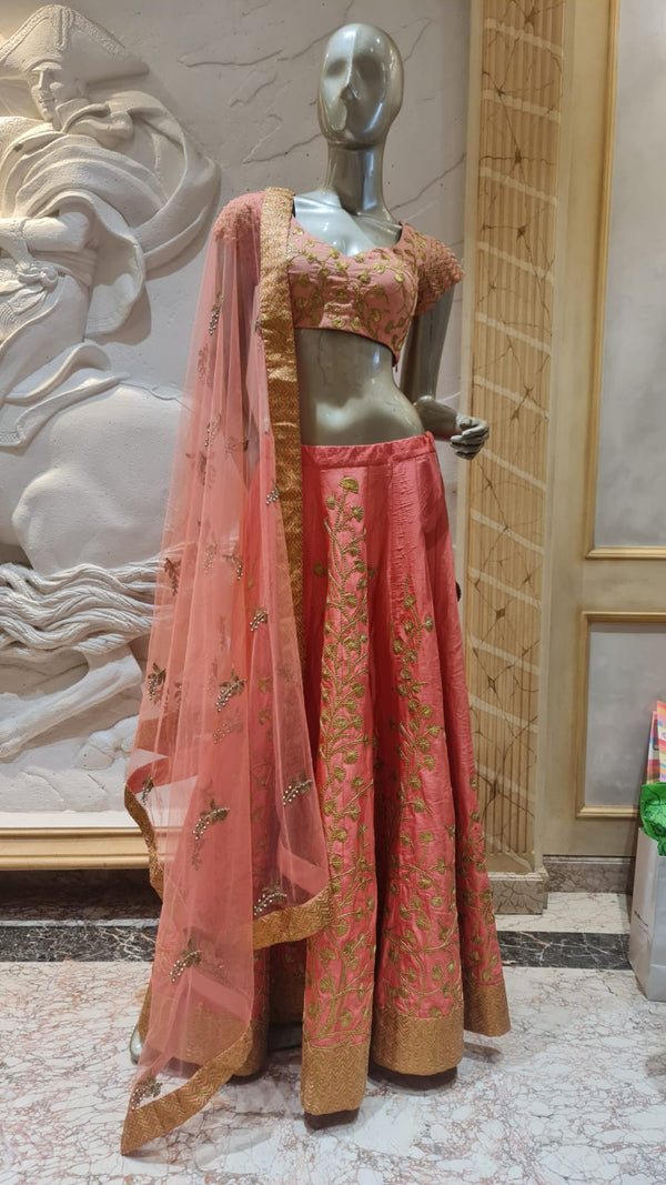 Peach Lehenga with Floral Lace Work