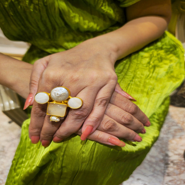 Symmetrical Pearl and Gemstone Ring