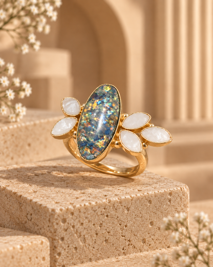 Iridescent Opal and Pearl Ring