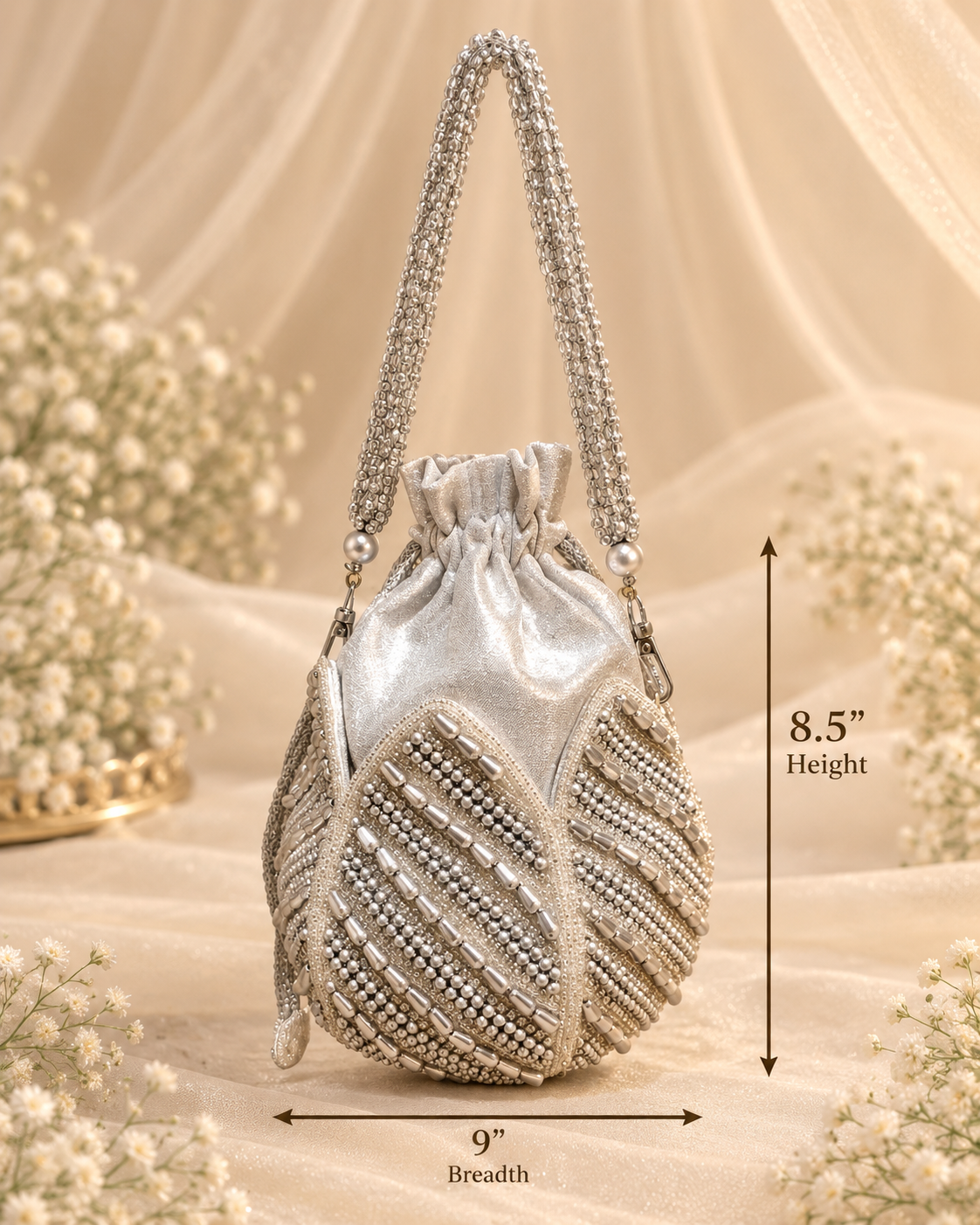 Elegant Silver Pearl Bridal Potli Bag (Big)
