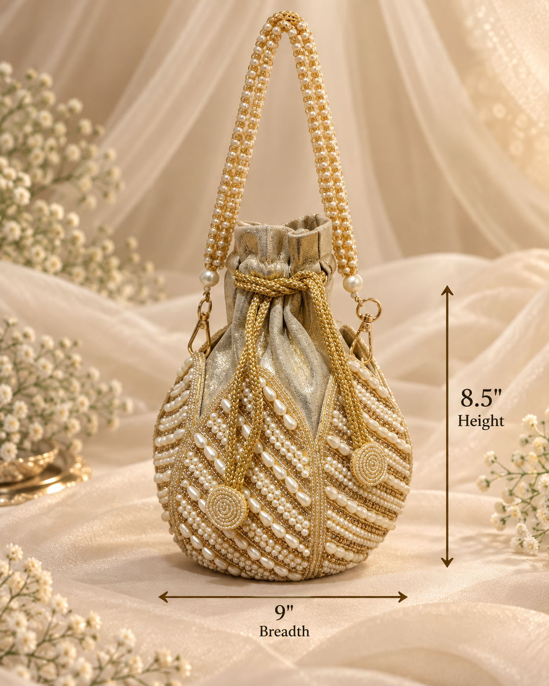 Exquisite Pearl & Gold Bridal Potli Bag (Big)