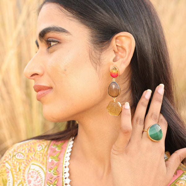 Rainbow Studs With Flower Drops Earrings