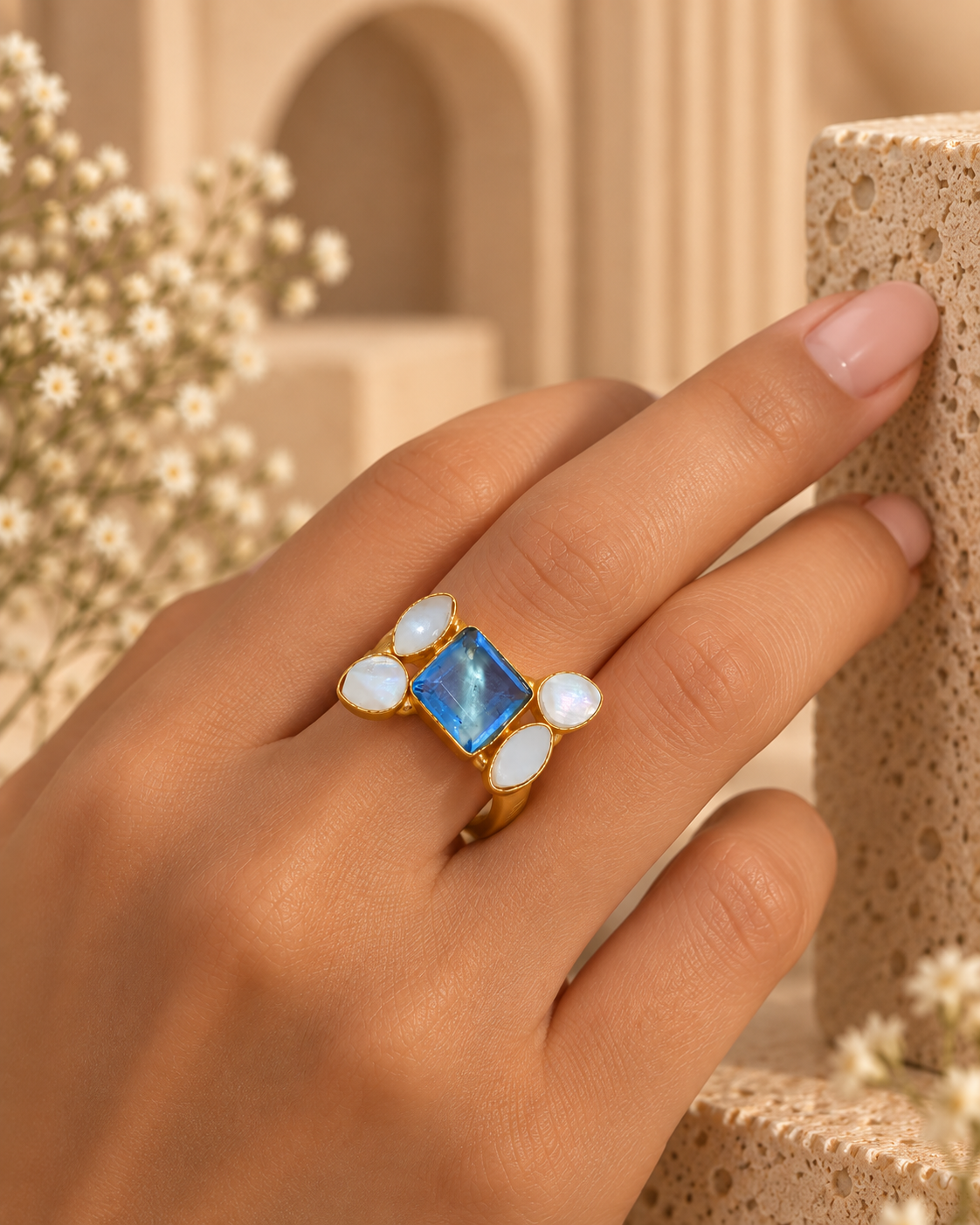 Blue Gem and Pearl Elegance Ring