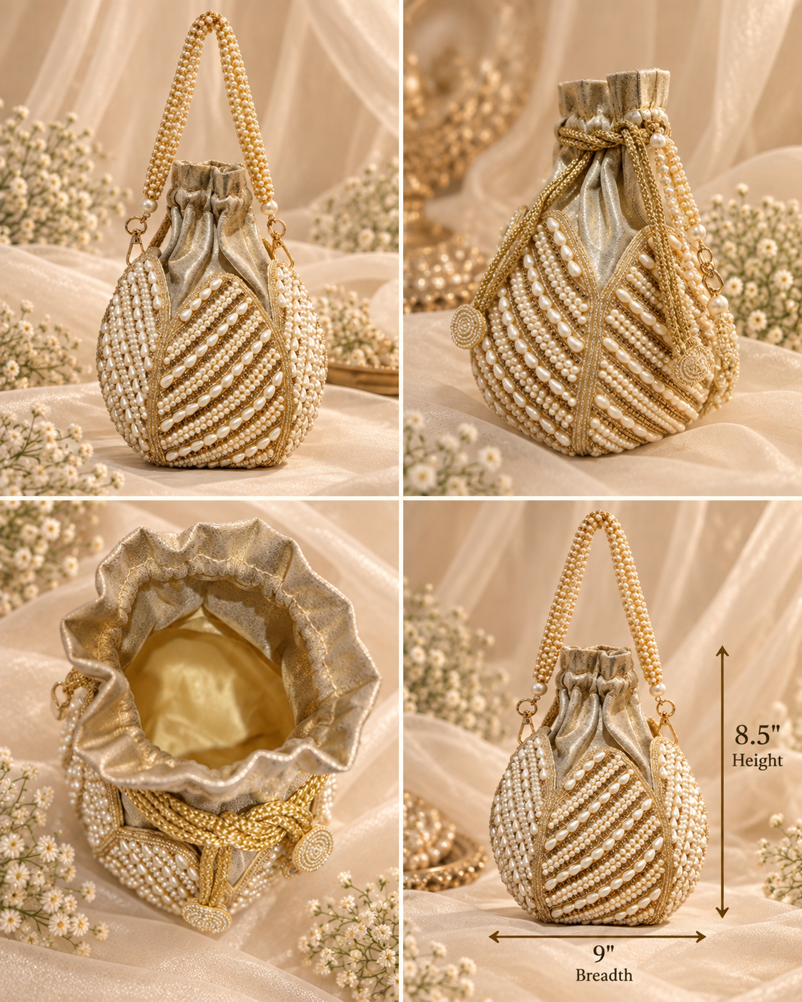 Exquisite Pearl & Gold Bridal Potli Bag (Big)
