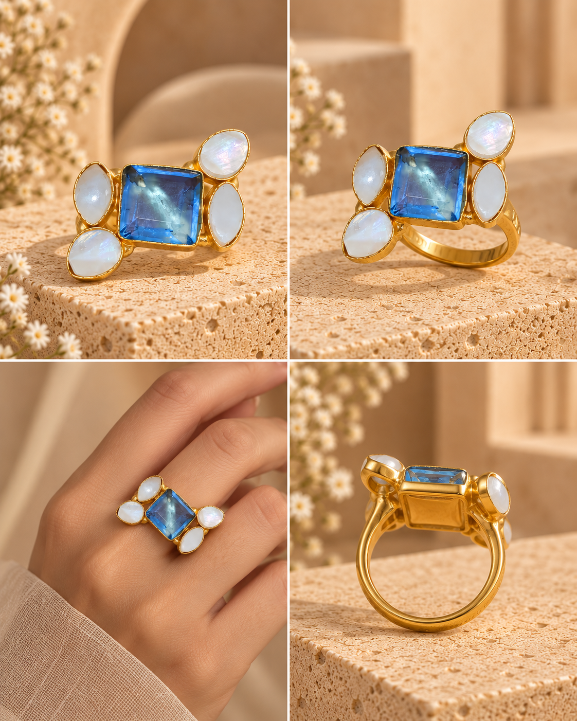 Blue Gem and Pearl Elegance Ring