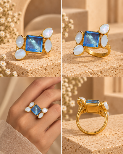 Blue Gem and Pearl Elegance Ring