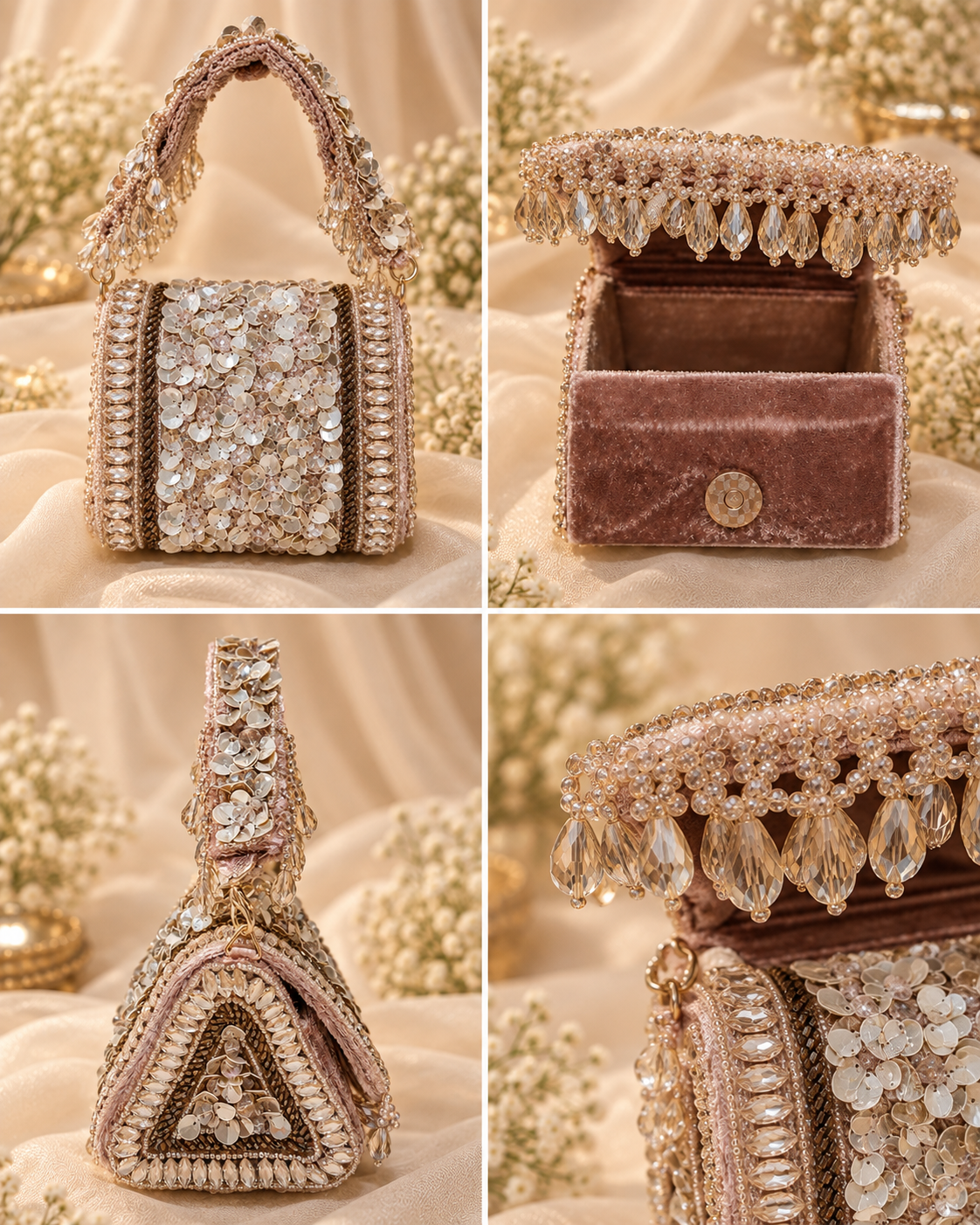 Mauve Sequin & Crystal Bridal Handbag – A Regal Touch of Elegance