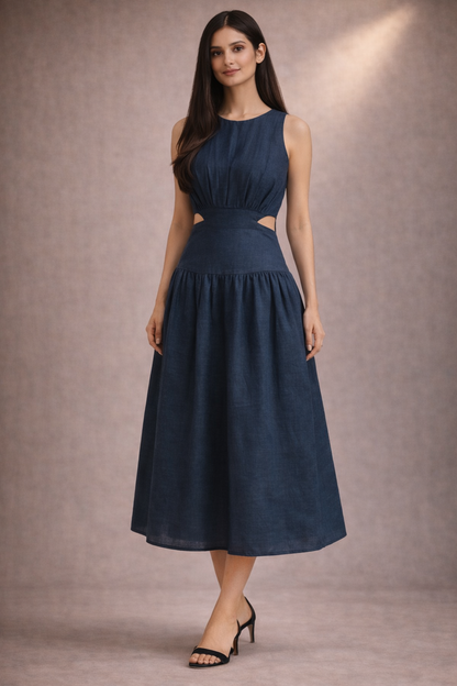 Waist Cut Out Blue Dress