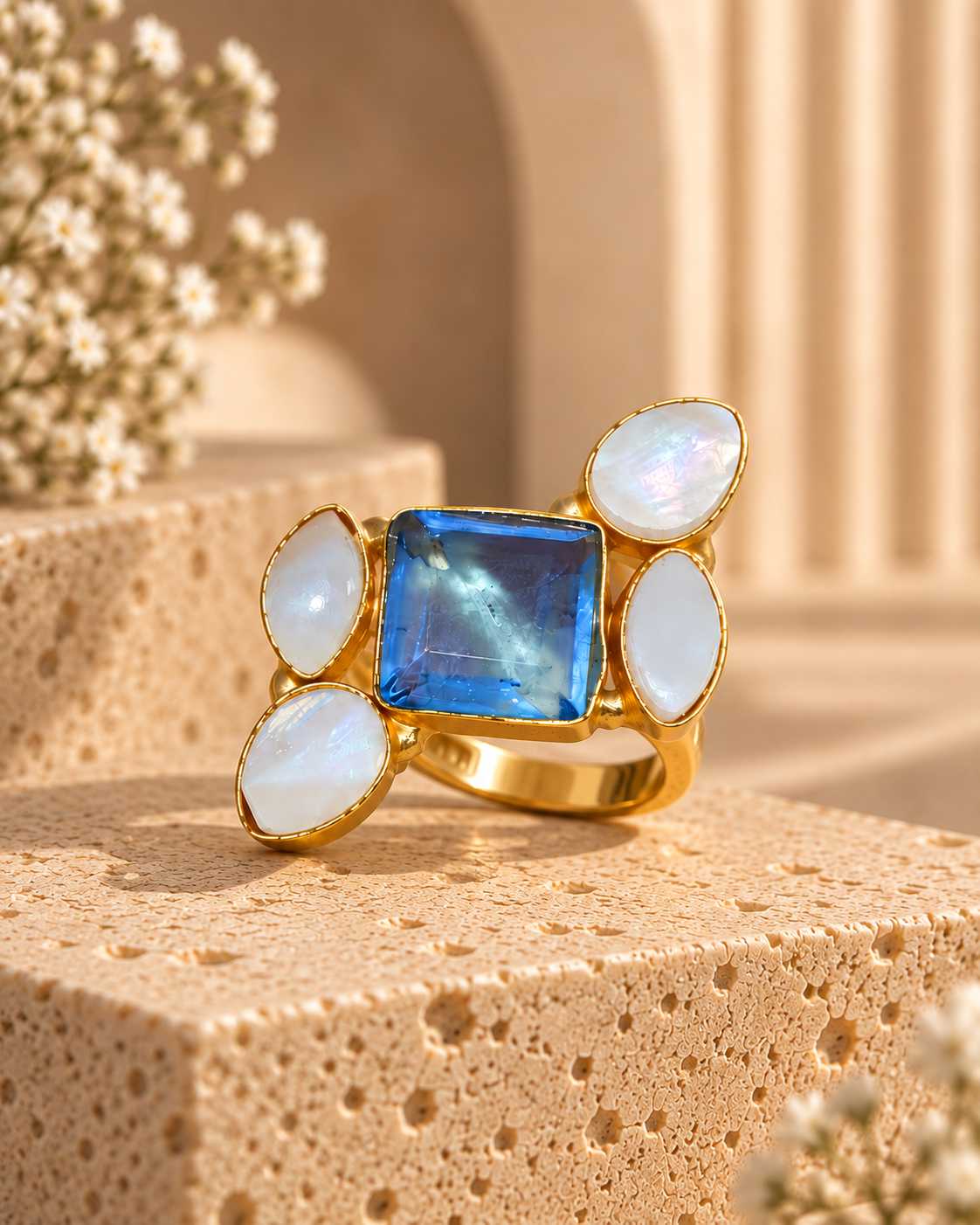 Blue Gem and Pearl Elegance Ring