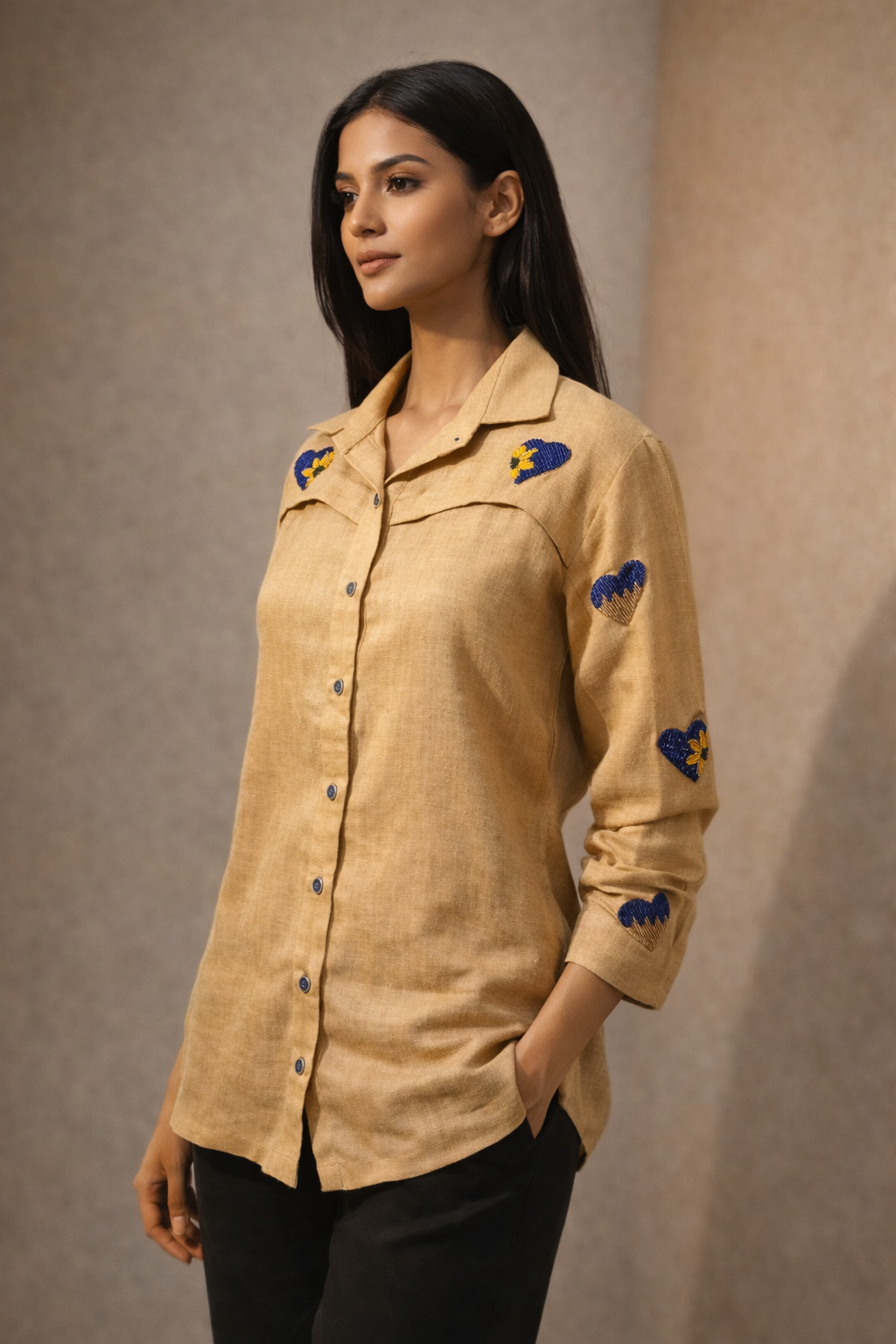 Yellow Flap Heart Linen Shirt
