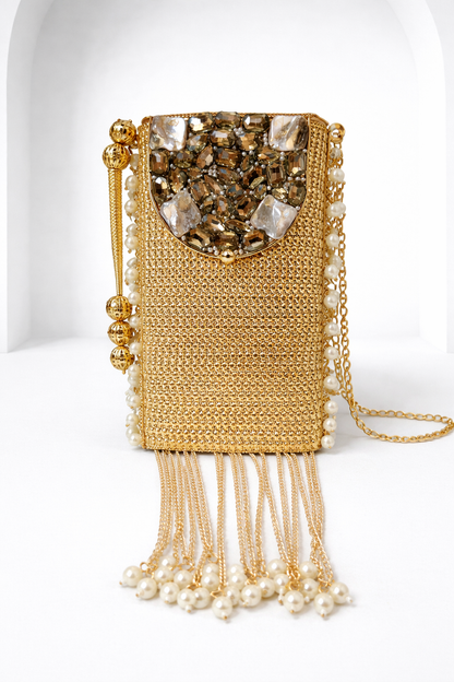 Golden Pearl Tassel Mobile Clutch