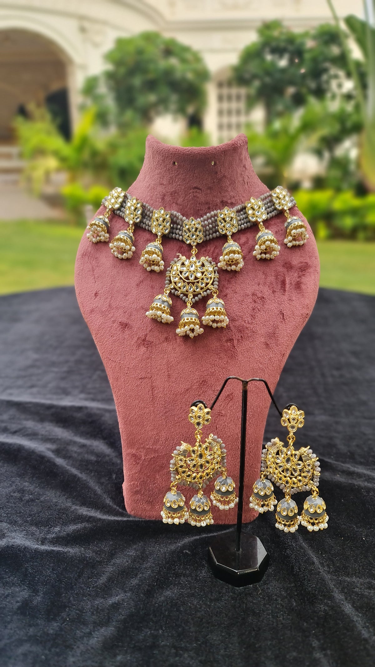 Grey Choker in Jhumka style Set