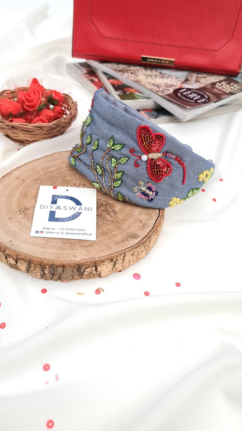 2 In 1 Denim Red Dragonfly Hairband Cum Bandana