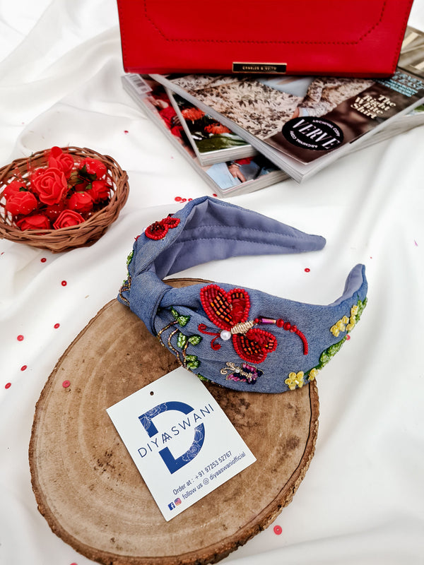 2 In 1 Denim Red Dragonfly Hairband Cum Bandana