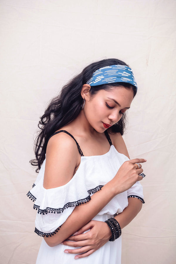 3 In 1 Denim Abstract White Lines Hairband Cum Bandana