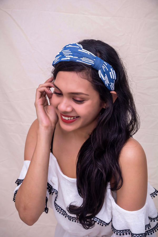 3 In 1 Denim Abstract White Lines Hairband Cum Bandana