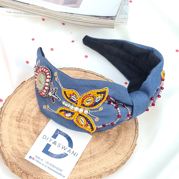 Denim Yellow Butterfly With Clock Hairband