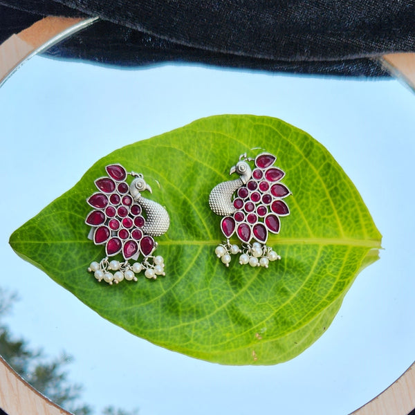 Peacock Earrings with Red Gemstones