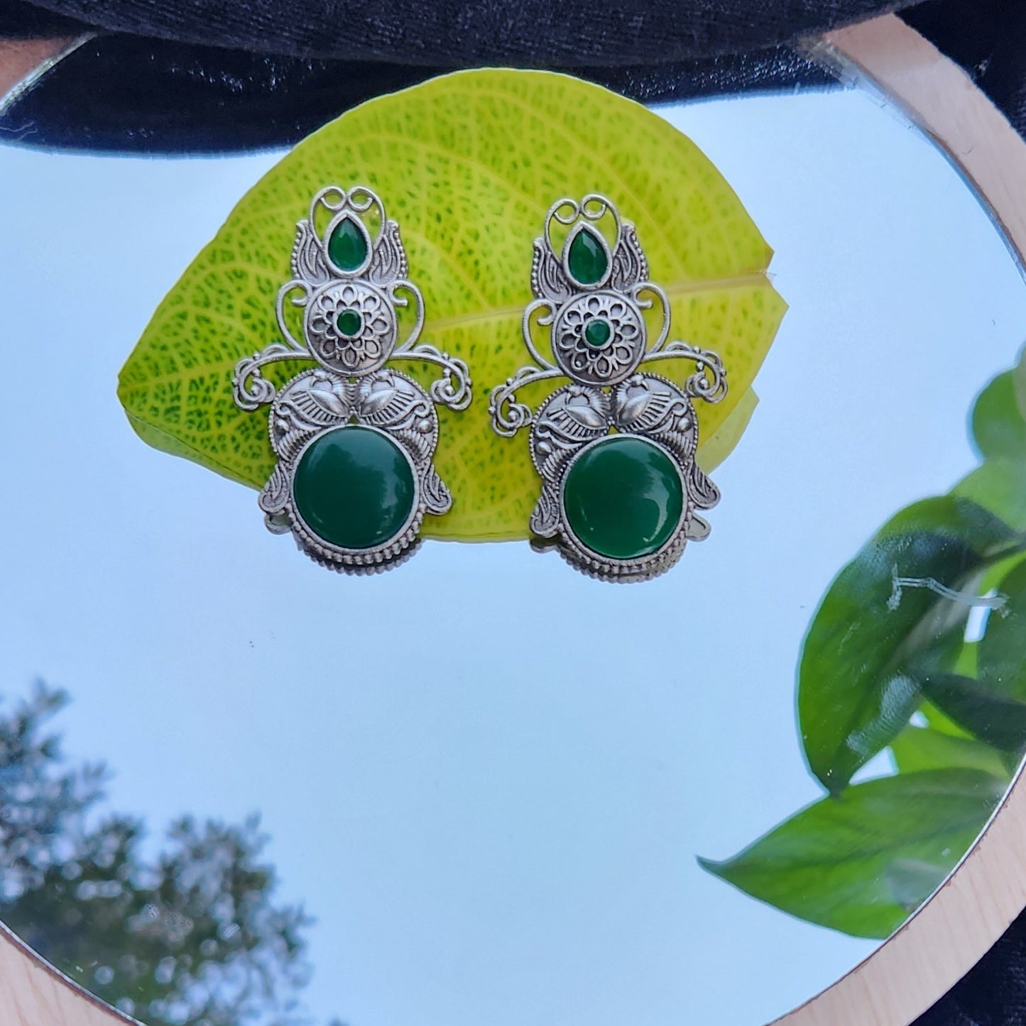 Ethnic Green Silver Earrings