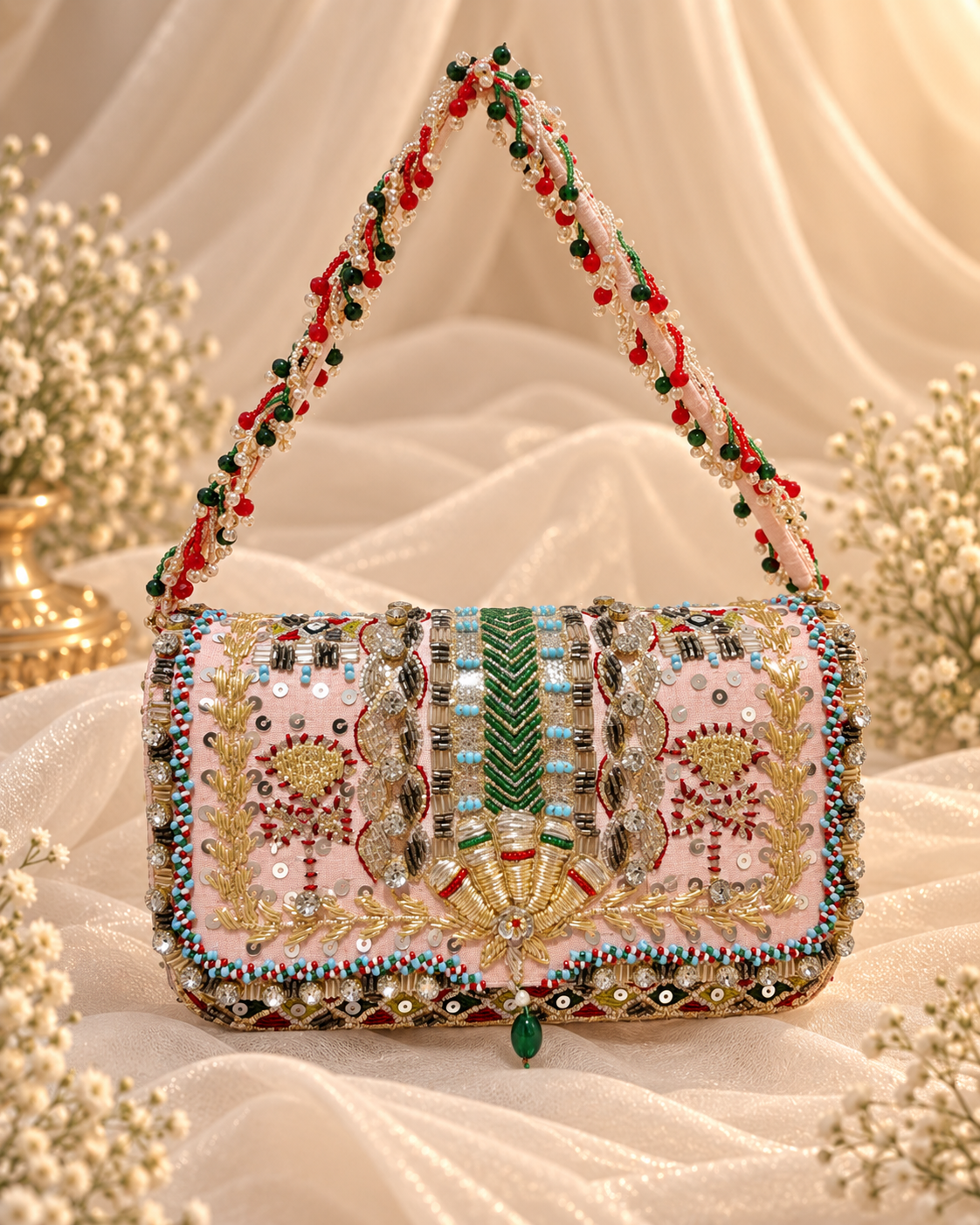 Pink & Green Embellished Bridal Clutch (Big)