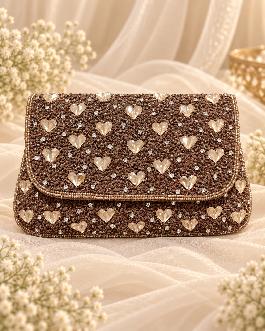 Royal Mocha Heart Embellished Bridal Clutch (Big)
