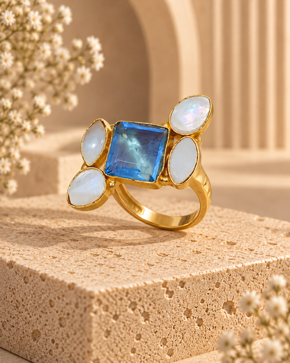 Blue Gem and Pearl Elegance Ring