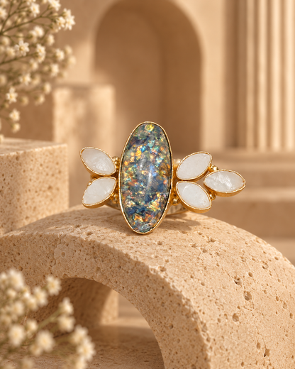 Iridescent Opal and Pearl Ring