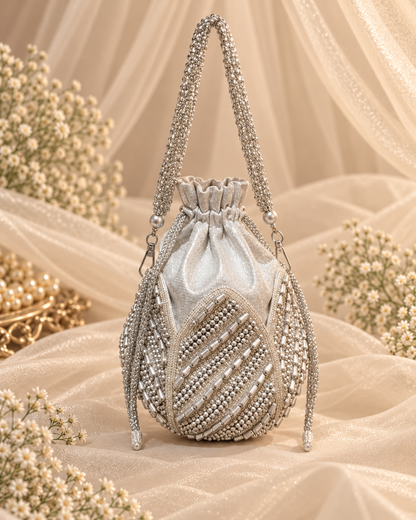 Elegant Silver Pearl Bridal Potli Bag (Big)